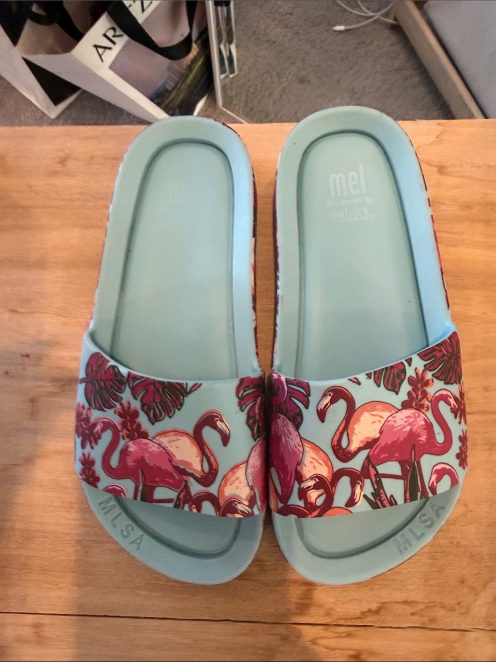 Mini Melissa Aqua Slide Sandals with Pink Flamingo Print